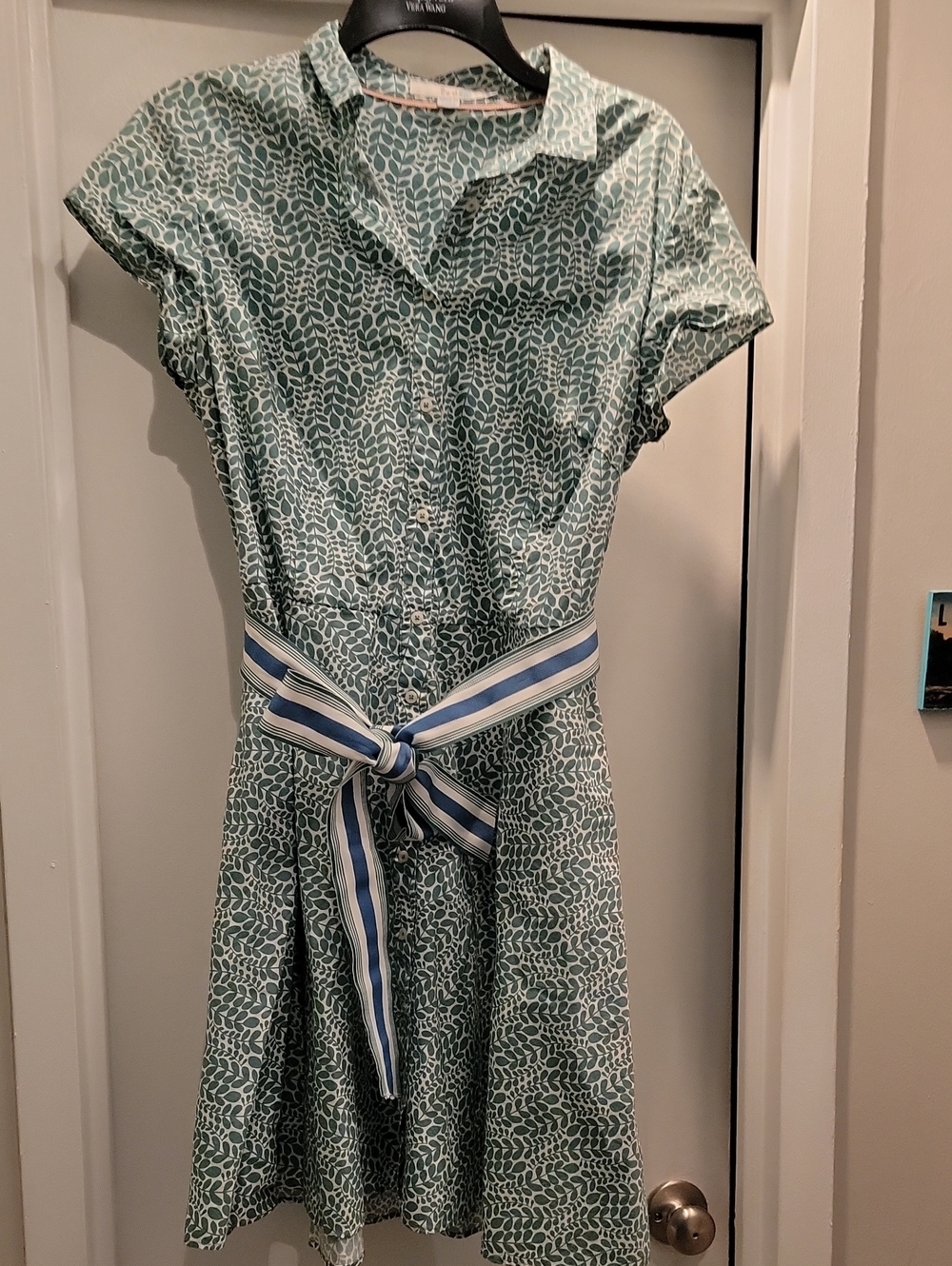 Boden Green Leaf-Print Shirt Dress with Blue-White Striped Belt